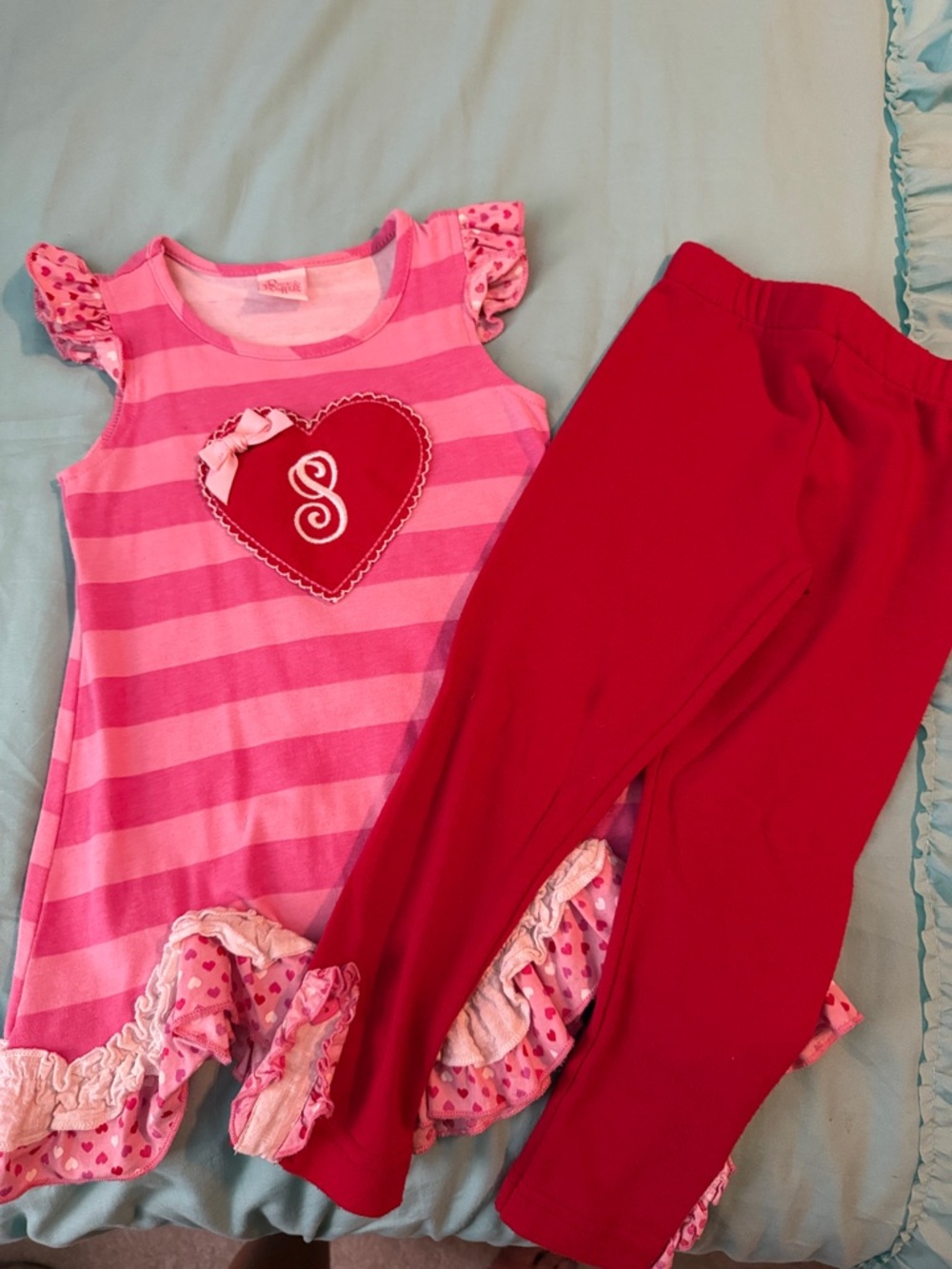 Girls Pink Striped Heart Pajama Set with Red Leggings